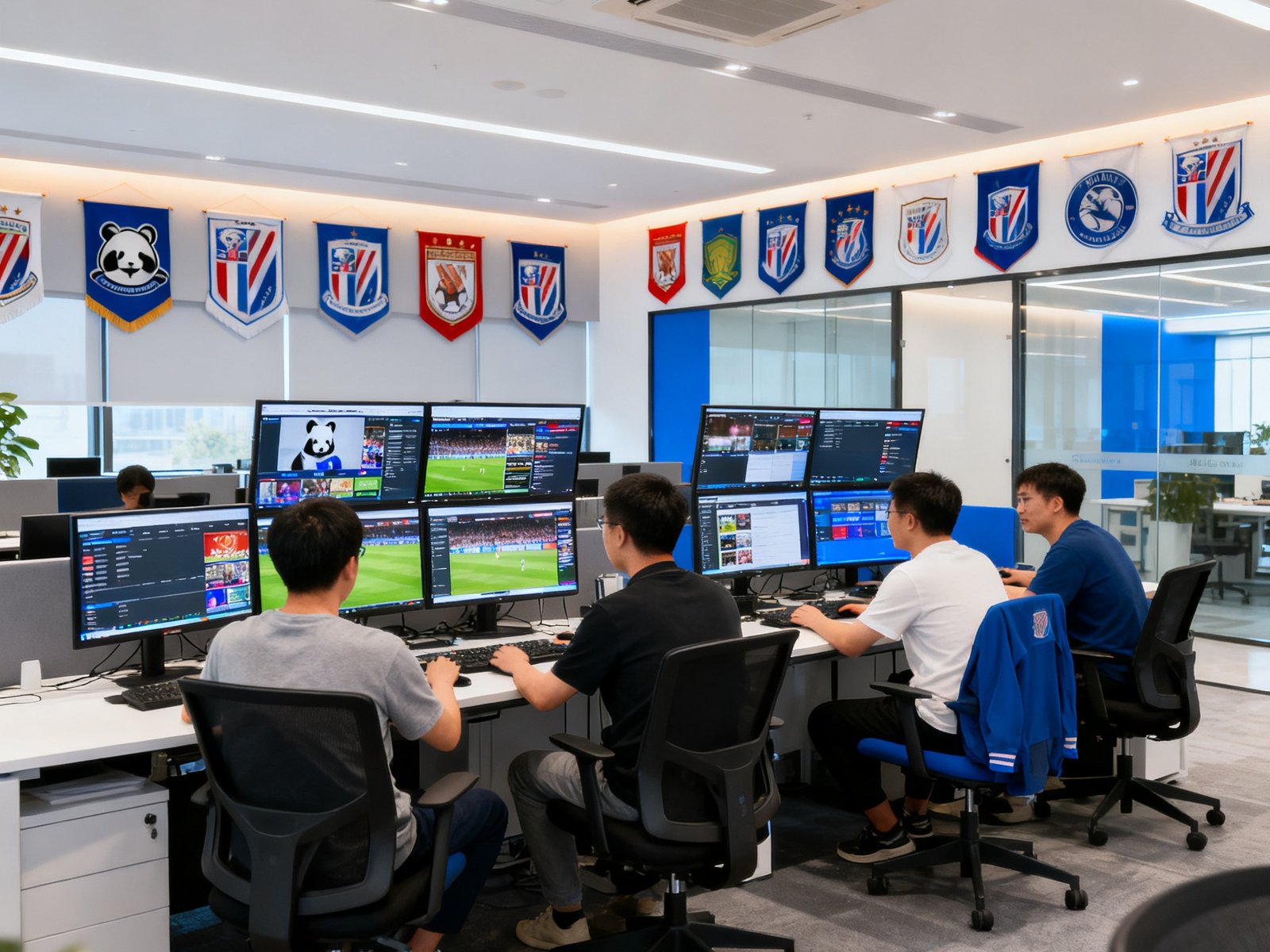 熊猫体育成都总部办公场景，开放式办公区内编辑团队正在多屏幕前协作处理体育资讯内容，墙上悬挂各球队旗帜